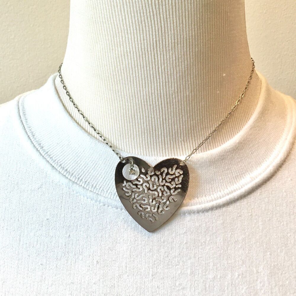 Silver Plated Heart Pendant Rhinestone Charm 19in Choker Collar Necklace